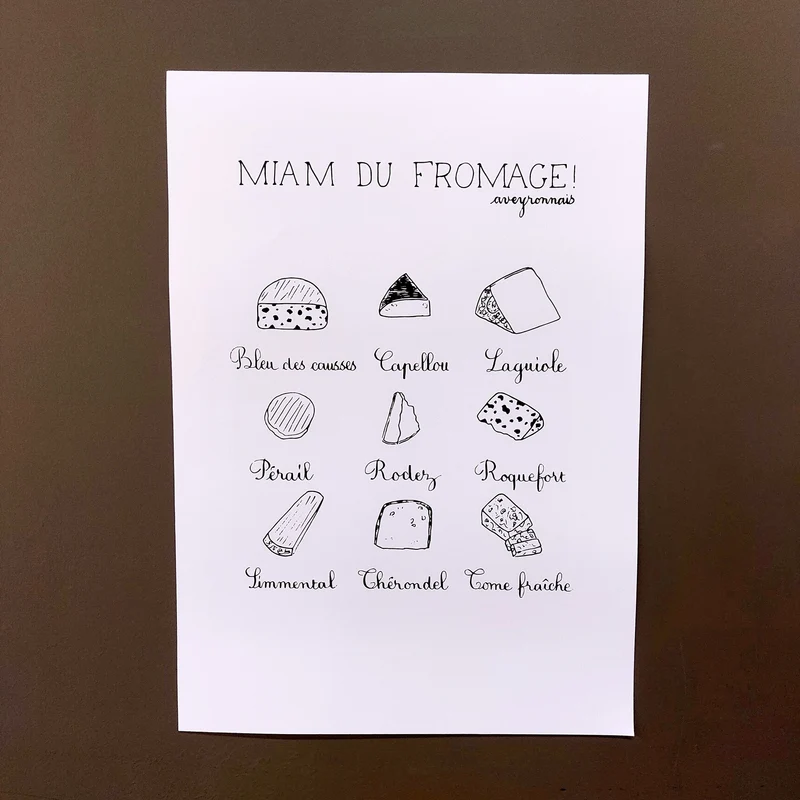 Affiche A4 Illustrée – Les 9 Fromages Emblématiques de l’Aveyron