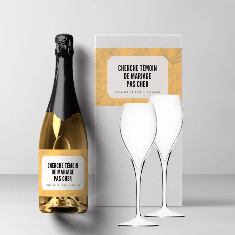 Coffret champagne cherche témoin de mariage avec ou sans flûtes