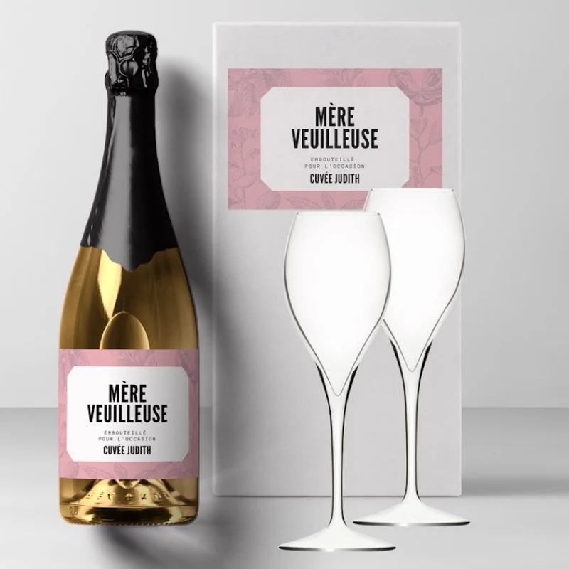 Coffret champagne Mère Veilleuse avec prénom avec ou sans flûtes