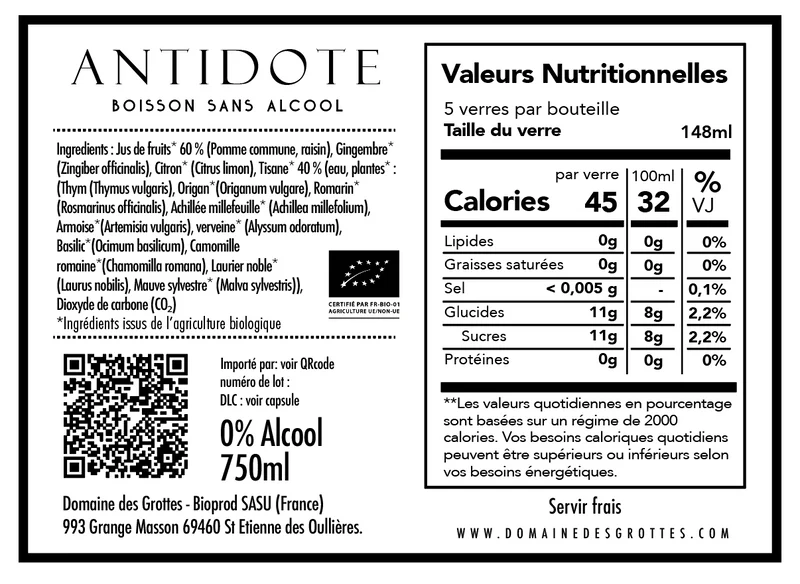 Antidote – Jus de fruits et tisane de plante 0% - Domaine des Grottes
