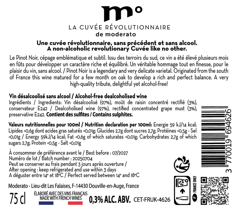 Vin rouge sans alcool Pinot noir - Cuvée Révolutionnaire Edition Limitée 0,3%