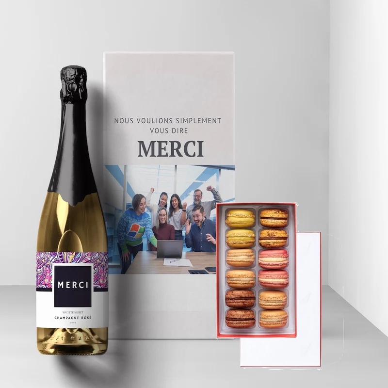Coffret cadeau champagne et macarons