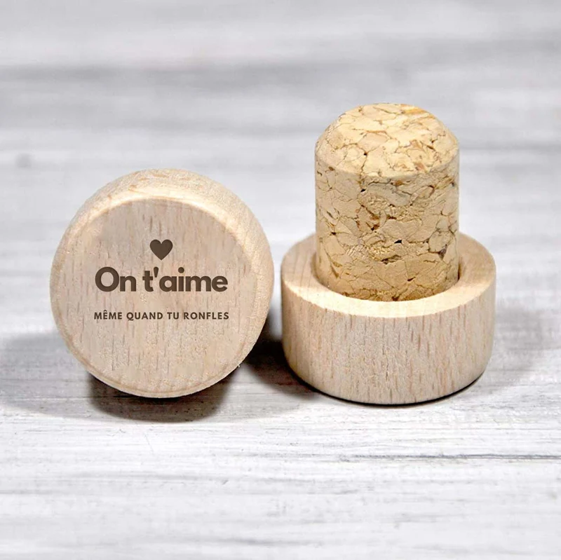Bouchon personnalisé en liège et bois - Je t'aime même quand tu ronfle