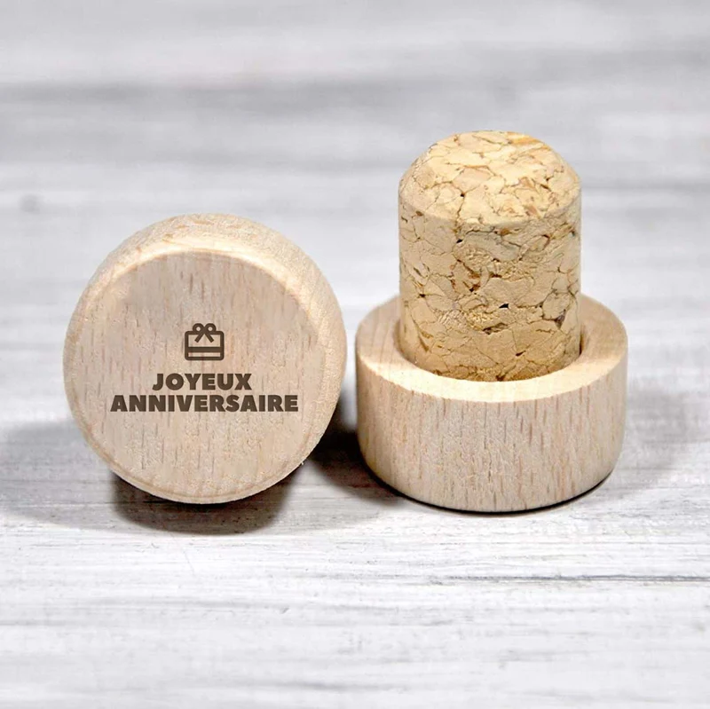 Bouchon personnalisé en liège et bois - Joyeux anniversaire