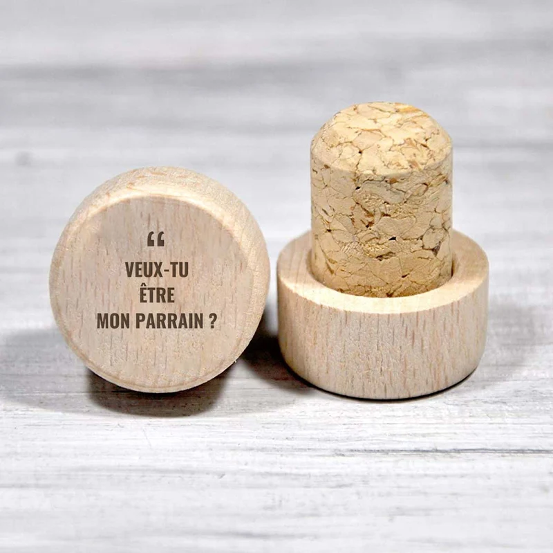 Bouchon personnalisé en liège et bois - Veux tu être mon parrain