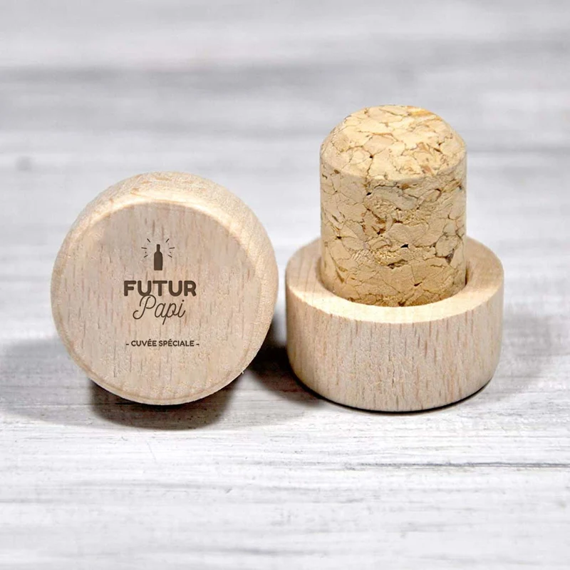Bouchon personnalisé en liège et bois - Futur papi