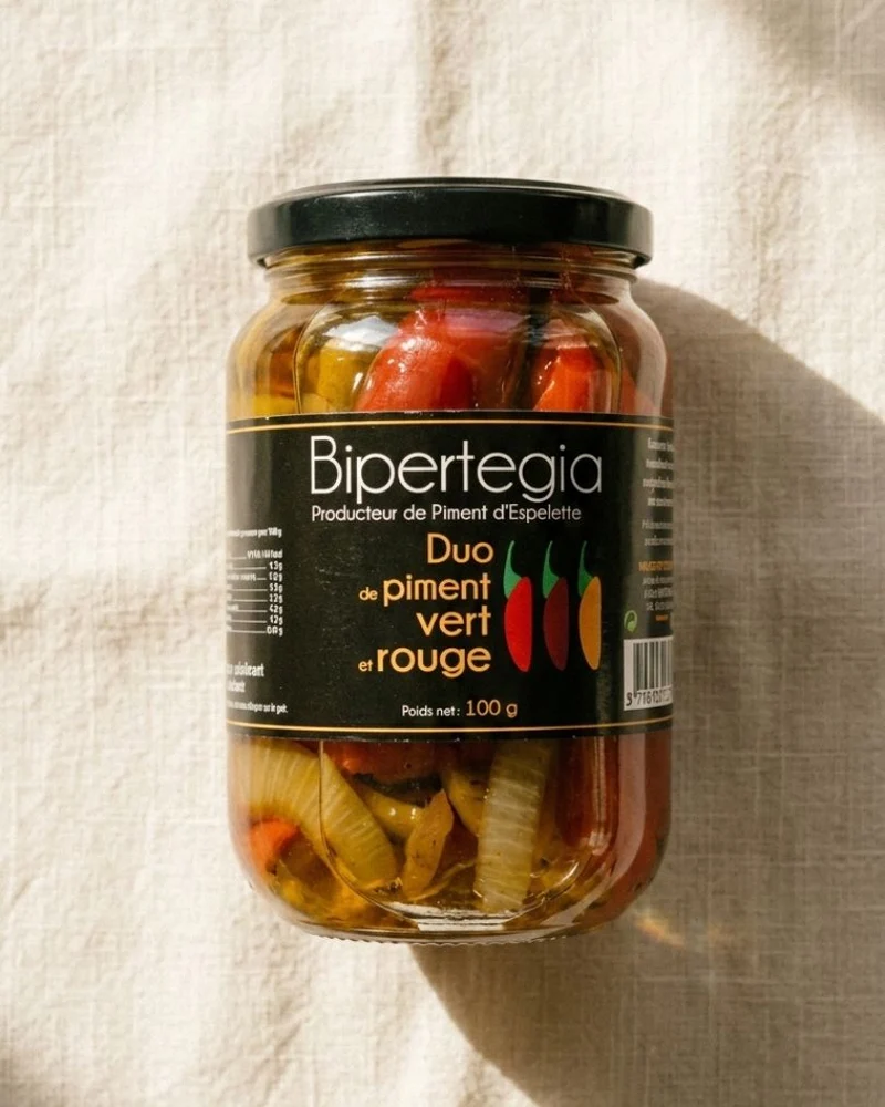 Duo de piment vert et rouge Bipertegia 100 g – conserve de piments Basque