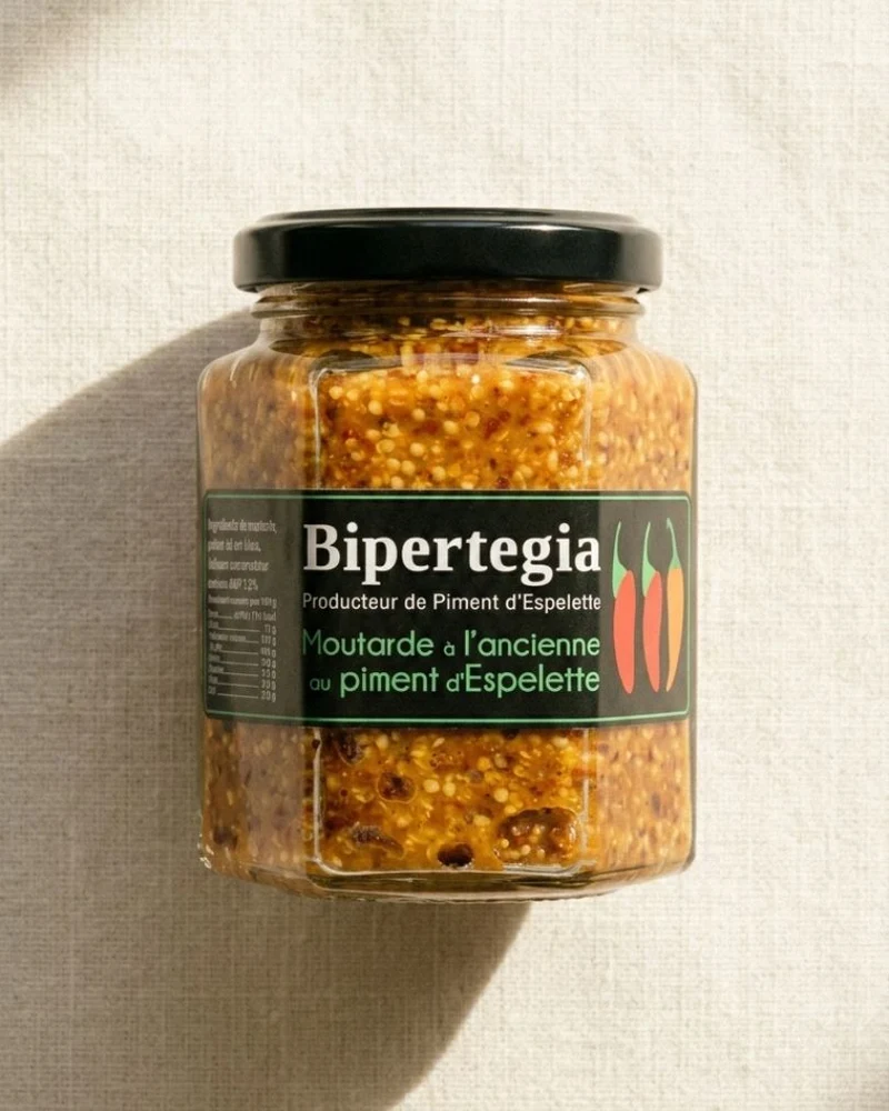 Moutarde à l’ancienne au piment d’Espelette AOP Bipertegia 170 g – condiment basque relevé
