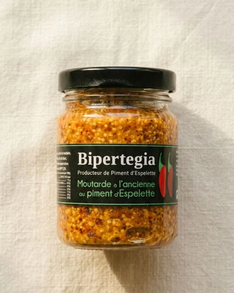 Moutarde à l’ancienne au piment d’Espelette AOP Bipertegia 90 g – condiment basque relevé
