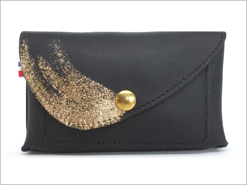 Portefeuille porte-monnaie femme cuir véritable paillettes peintes à la main