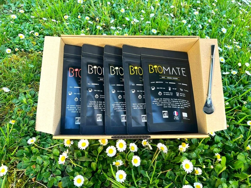 COFFRET MULTI SAVEURS MATÉ BIO + PAILLE FILTRANTE OFFERTE (5 SACHETS DE 50G, GOÛTS PERSONNALISABLES)