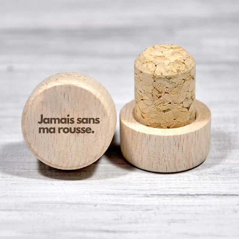 Bouchon personnalisé en liège et bois - Jamais sans ma rousse