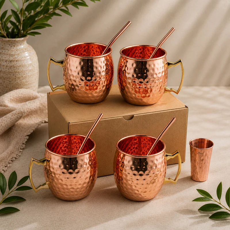 Set de 4 Tasses Moscow Mule Cuivrées + Pailles & Doseur