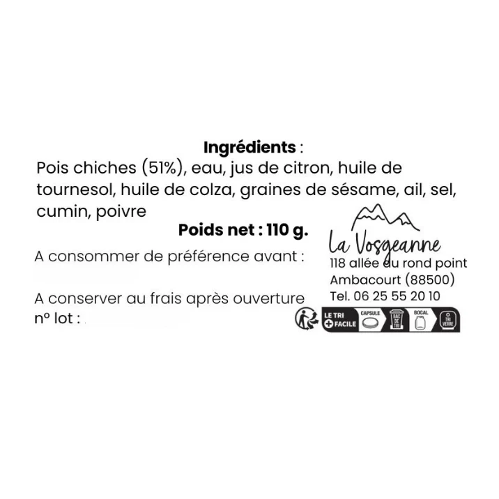 Houmous Pois Chiches 110g - La Vosgeanne