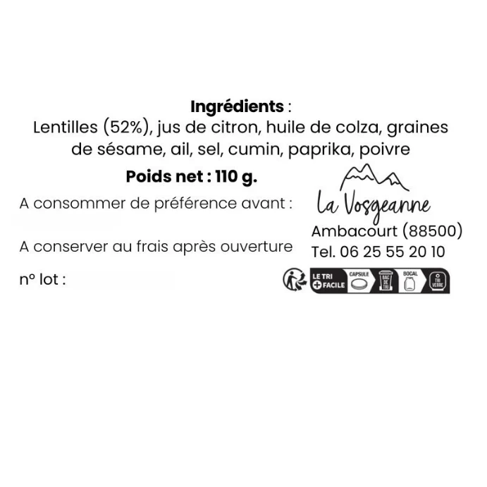 Houmous de Lentilles 110 g - La Vosgeanne