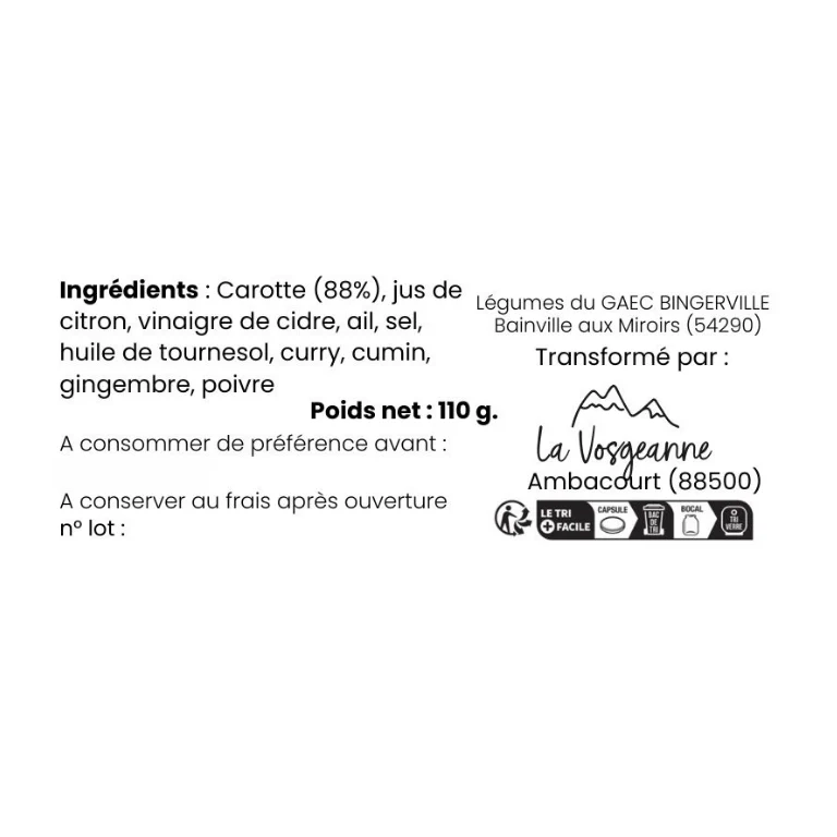 Tartinade Carotte Épicée 110 g - La Vosgeanne
