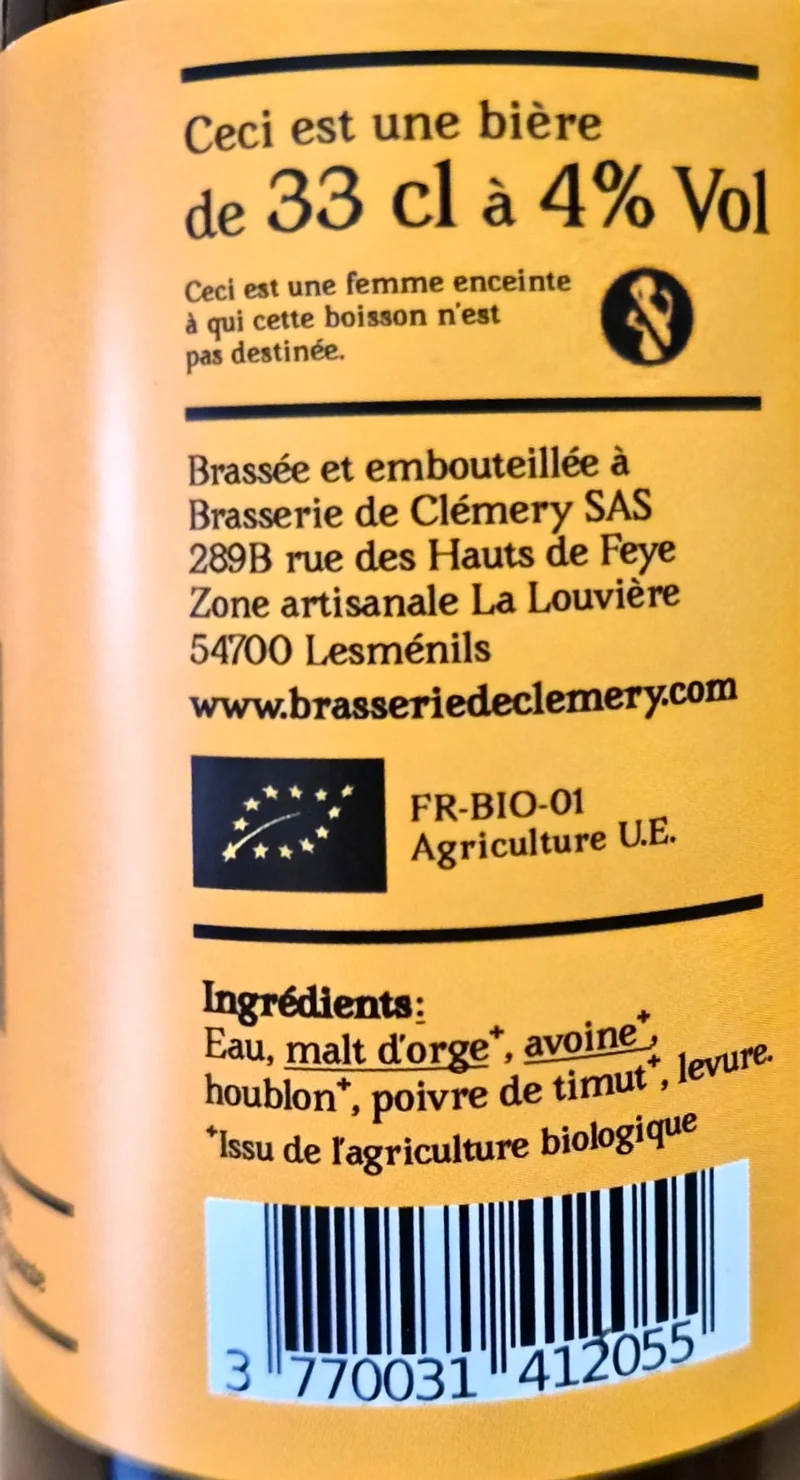Bière Blonde Bio au Poivre Timut 33 cl - Brasserie de Clémery