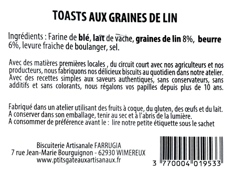 Toasts Graines de Lin 150 g - Sophie FARRUGIA
