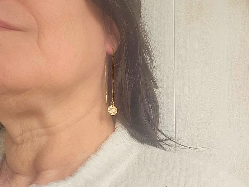 Boucles oreilles longues 2 chaines U et disque texturé