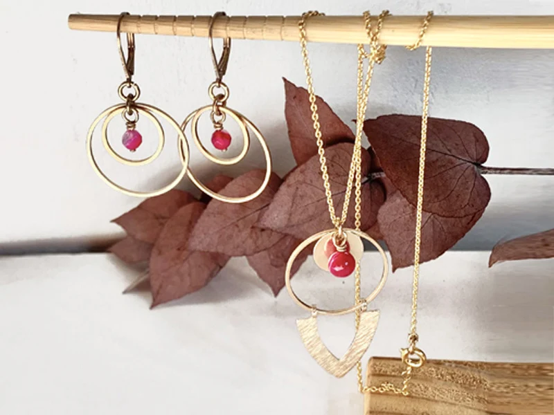 Parure Grenade agate boucles et collier
