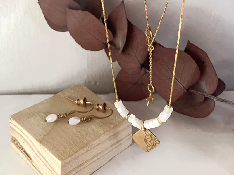 Parure collier et boucle losange Nacre
