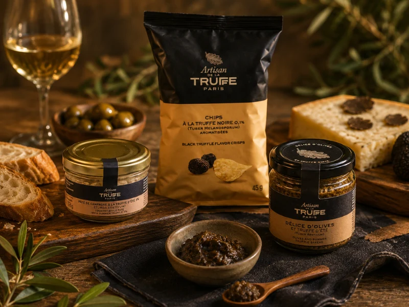 Apéro truffés, chips, pâté de campagne et délice d'olive