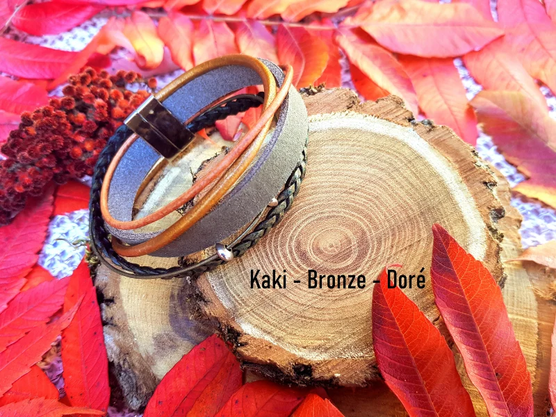 Bracelet homme inox et cuir multi-rangs