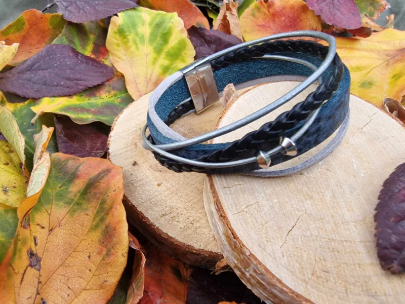Bracelet homme inox et cuir multi-rangs