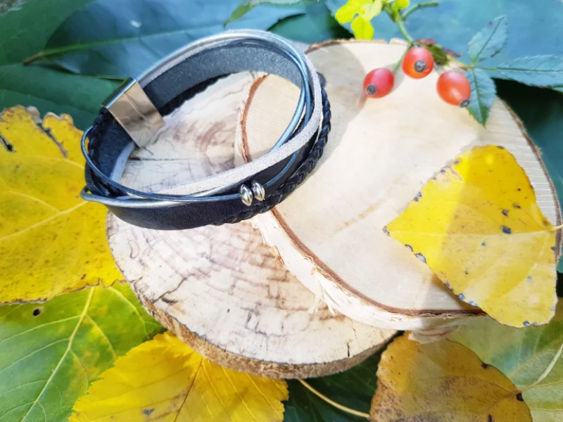 Bracelet homme inox et cuir multi-rangs