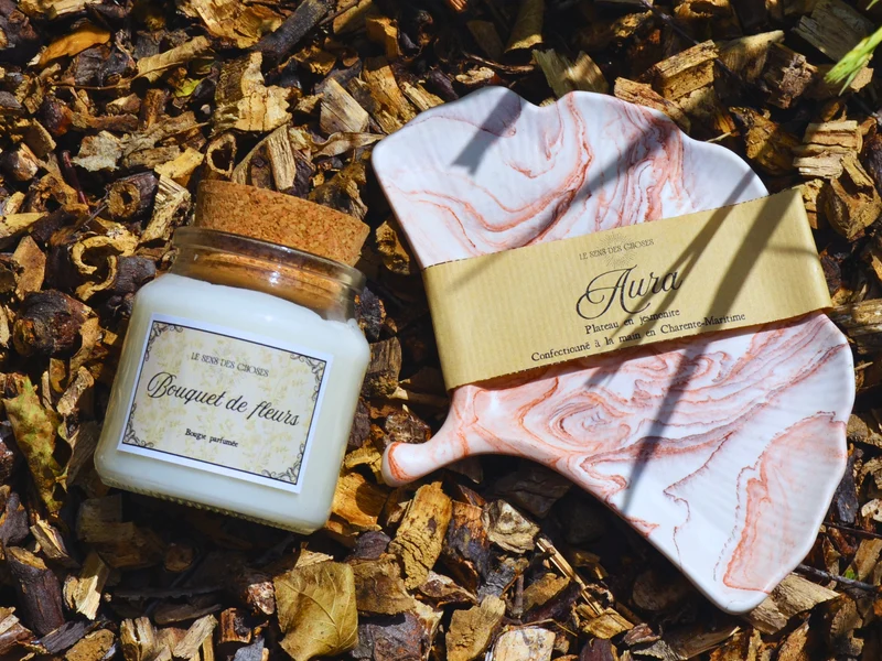 Bougie végétale et plateau feuille de ginkgo Aura