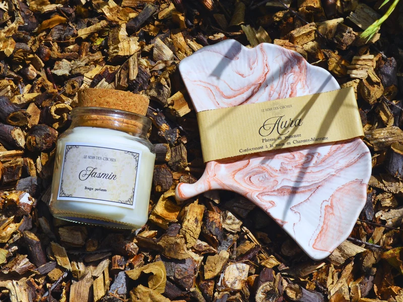 Bougie végétale et plateau feuille de ginkgo Aura