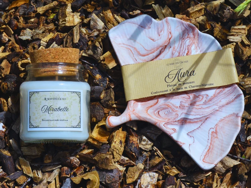 Bougie végétale et plateau feuille de ginkgo Aura
