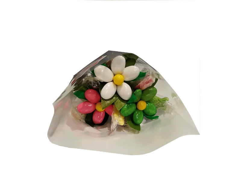 Mini bouquet gourmand : fleurs en dragées et bonbons de chocolat