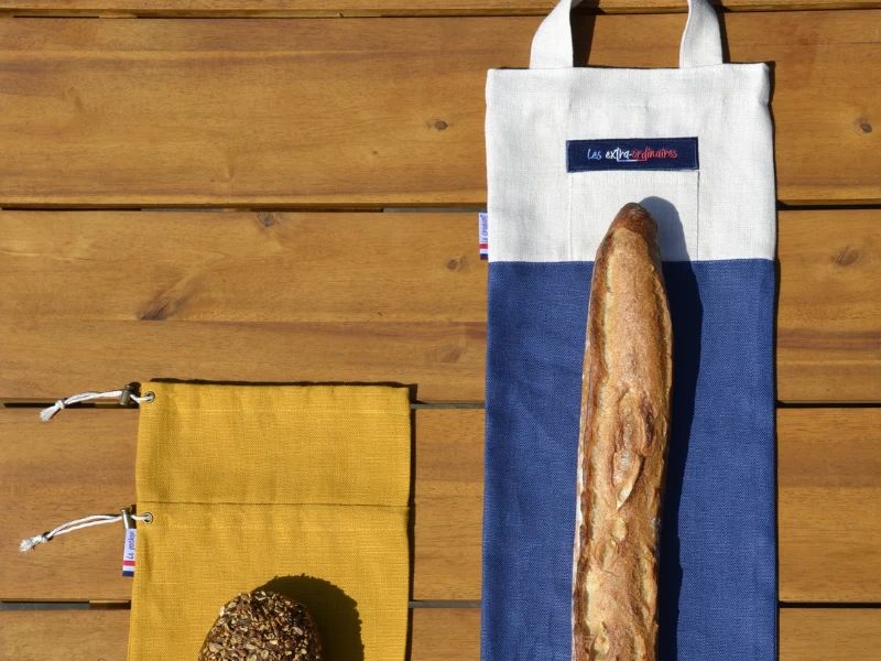 1 sac à baguettes et 1 pochon à pain, en tissu 100% lin