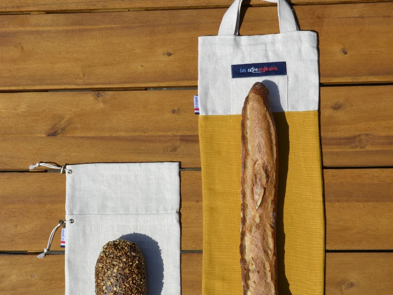 1 sac à baguettes et 1 pochon à pain, en tissu 100% lin