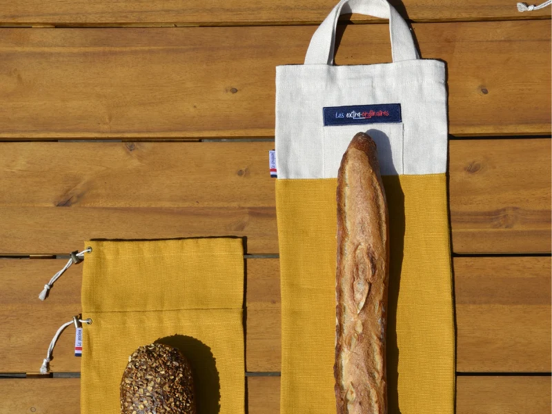 1 sac à baguettes et 1 pochon à pain, en tissu 100% lin