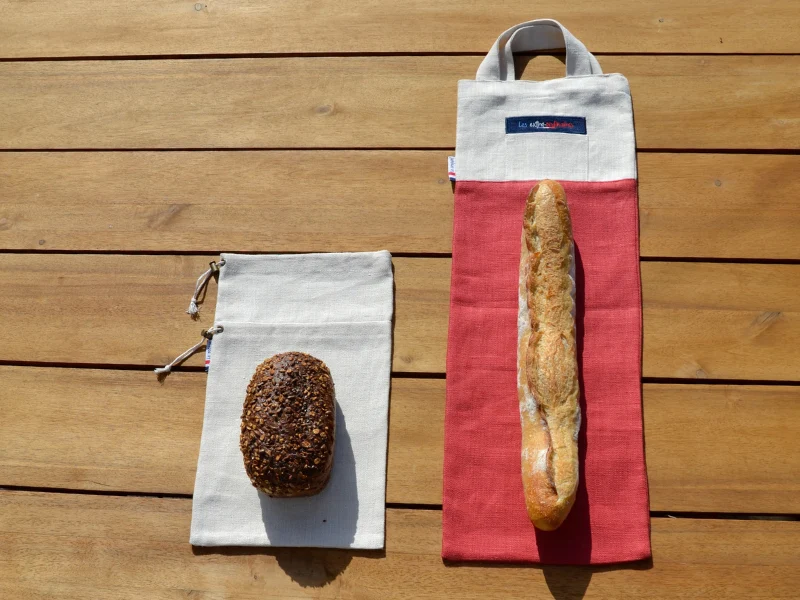 1 sac à baguettes et 1 pochon à pain, en tissu 100% lin
