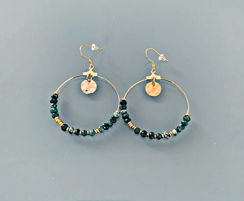Parure collier, bracelet et paire de créoles perles de Jade