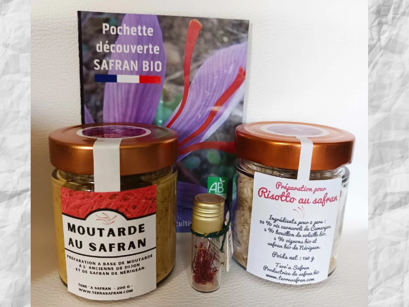 Safran, moutarde safranée et préparation pour risotto au safran