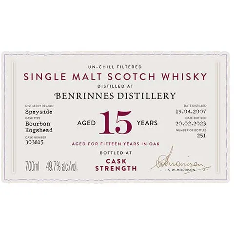 A.D. Rattray Benrinnes Aged 15 Years Single Malt Scotch Whisky